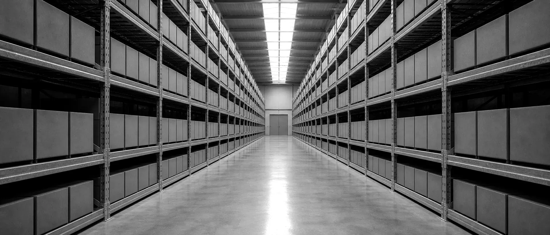 Ein ruhiger Lagerkorridor mit galvanisierten Stahlregalen auf beiden Seiten, die in die Tiefe fluchten — präzise gestapelte schlichte Kartons, polierter Betonboden spiegelt das Oberlicht, niemand zu sehen.