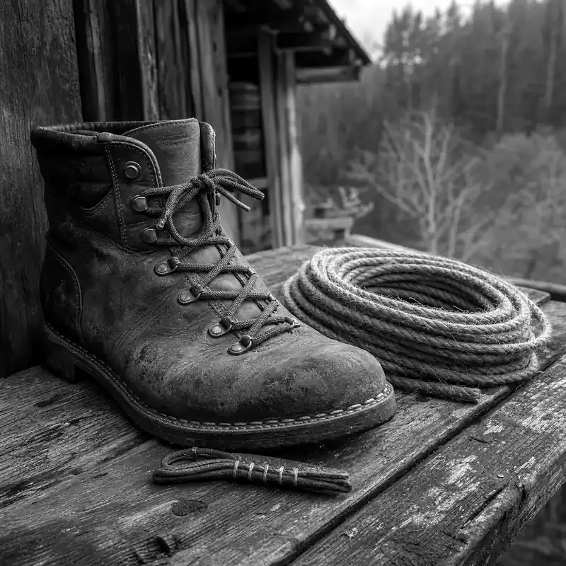 Ein gut eingelaufener Lederwanderschuh — sichtbar wiederbesohlt im Schweizer Reparaturkulturstil — auf einer abgenutzten Holzbank, daneben aufgerolltes Naturseil.