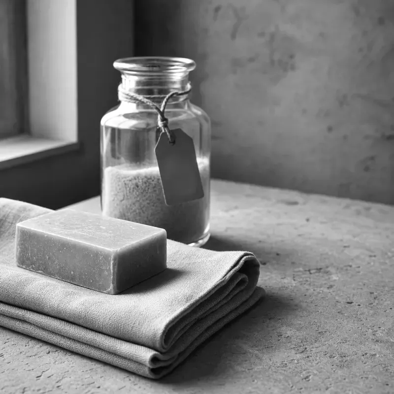 Eine schlichte Stilllebenkomposition auf hellem Jurakalkstein: ein unbeschriftetes Stück Seife auf einem gefalteten Leinentuch neben einem Apotheker-Glasgefäss mit Kraftpapieretikett und Hanfschnur — Schweizer Pflegepräzision.
