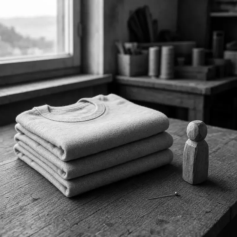 Ein präzise gefalteter Stapel schlichter Baumwoll-Kindertextilien auf einer Werkstattfläche aus Eichenholz, eine kleine geschnitzte Holzfigur und eine Stecknadel daneben — Schweizer Textilsorgfalt.