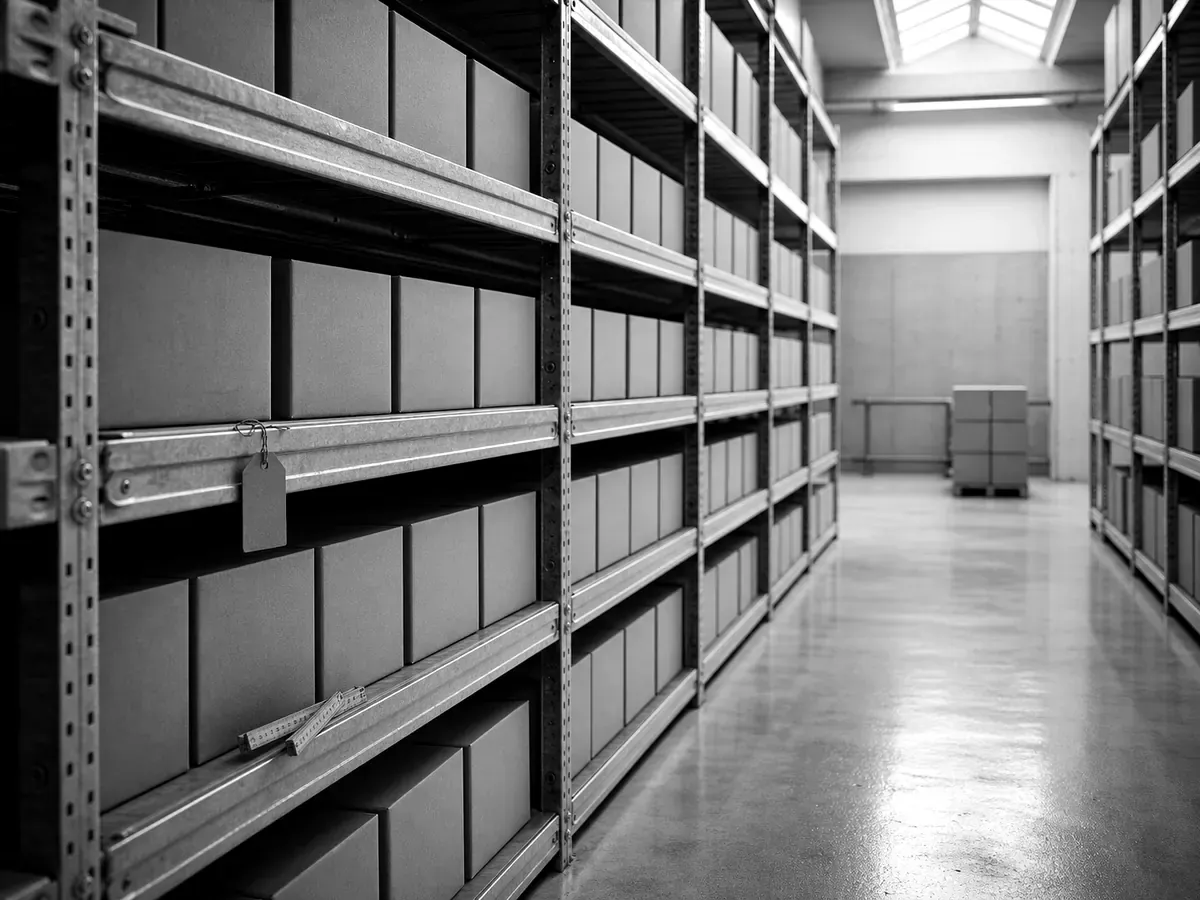 Ein ruhiger Lagerregal-Korridor mit präzise gestapelten, schlichten unbeschrifteten Kartonschachteln auf verzinkten Stahlregalen, weiches Oberlicht — Schweizer Lagerdisziplin in einem mittelständischen Betrieb.