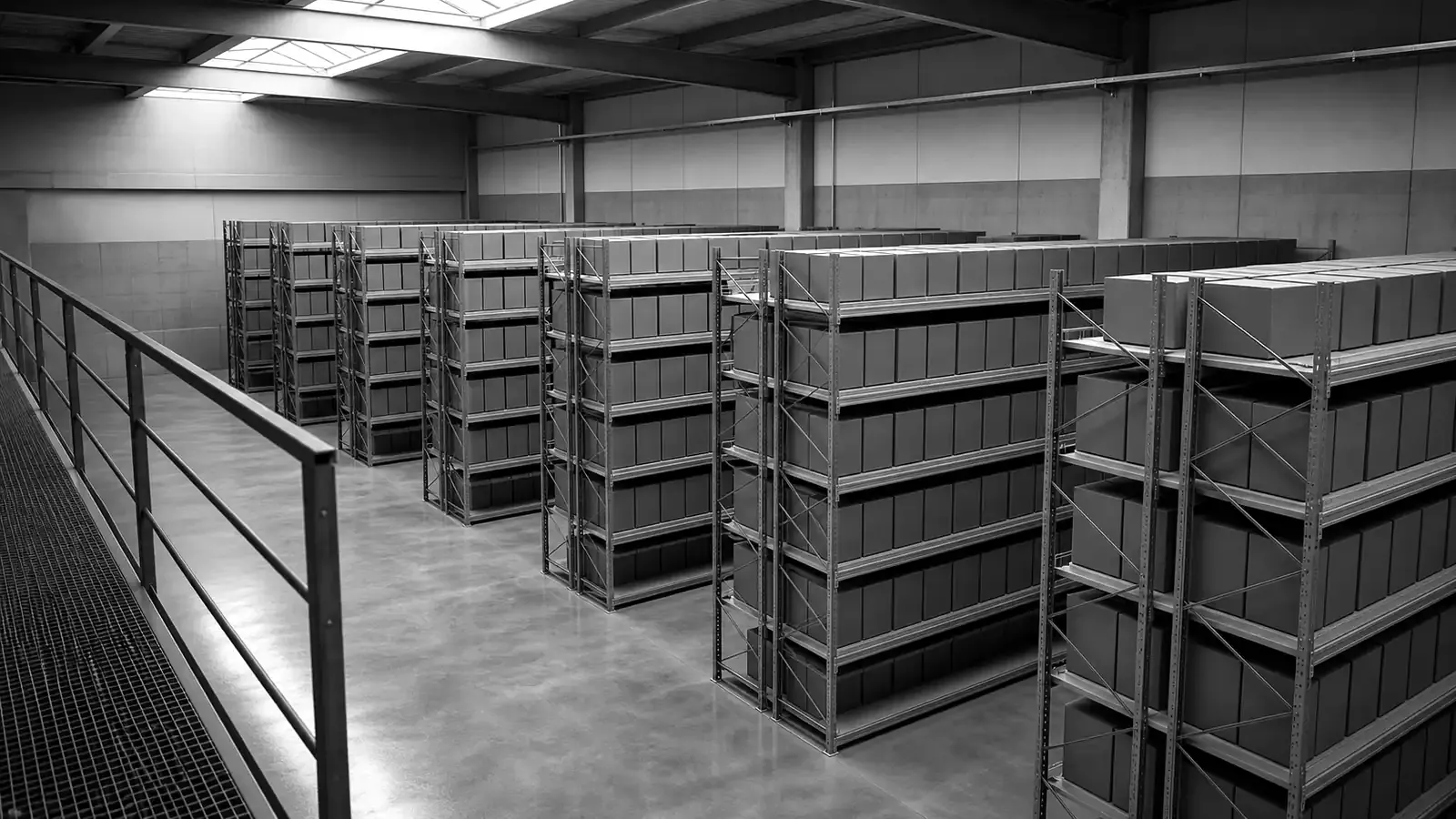 Eine erhöhte Aufnahme von einem Mezzanine im Lager — mehrere parallele Regalgänge ziehen sich in die Tiefe, ein einzelnes Oberlicht oben links erhellt das Stahlraster, polierter Betonboden spiegelt das Licht.
